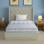 Cotton Single Bedsheet with 1 Pillow Covers 250TC - Blue & White Ethnic Floral Print (60x90 inches)