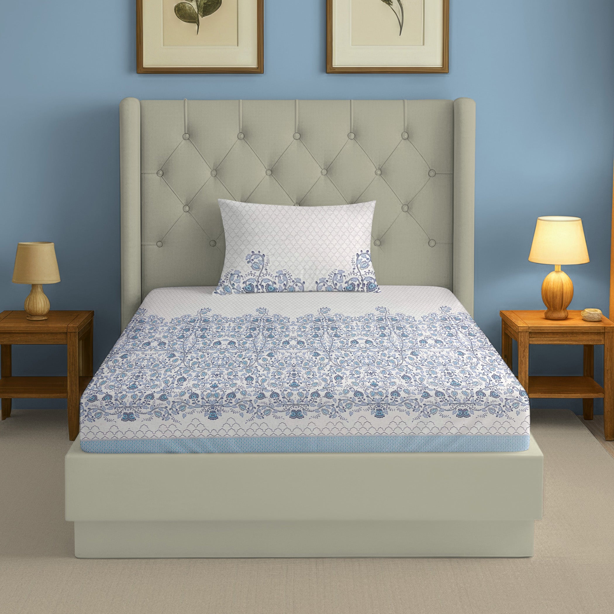 Cotton Single Bedsheet with 1 Pillow Covers 250TC - Blue & White Ethnic Floral Print (60x90 inches)