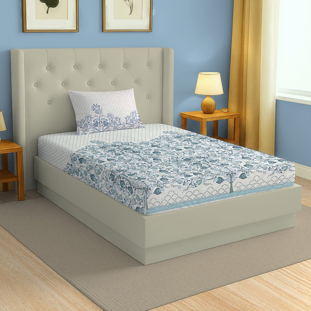 Cotton Single Bedsheet with 1 Pillow Covers 250TC - Blue & White Ethnic Floral Print (60x90 inches)