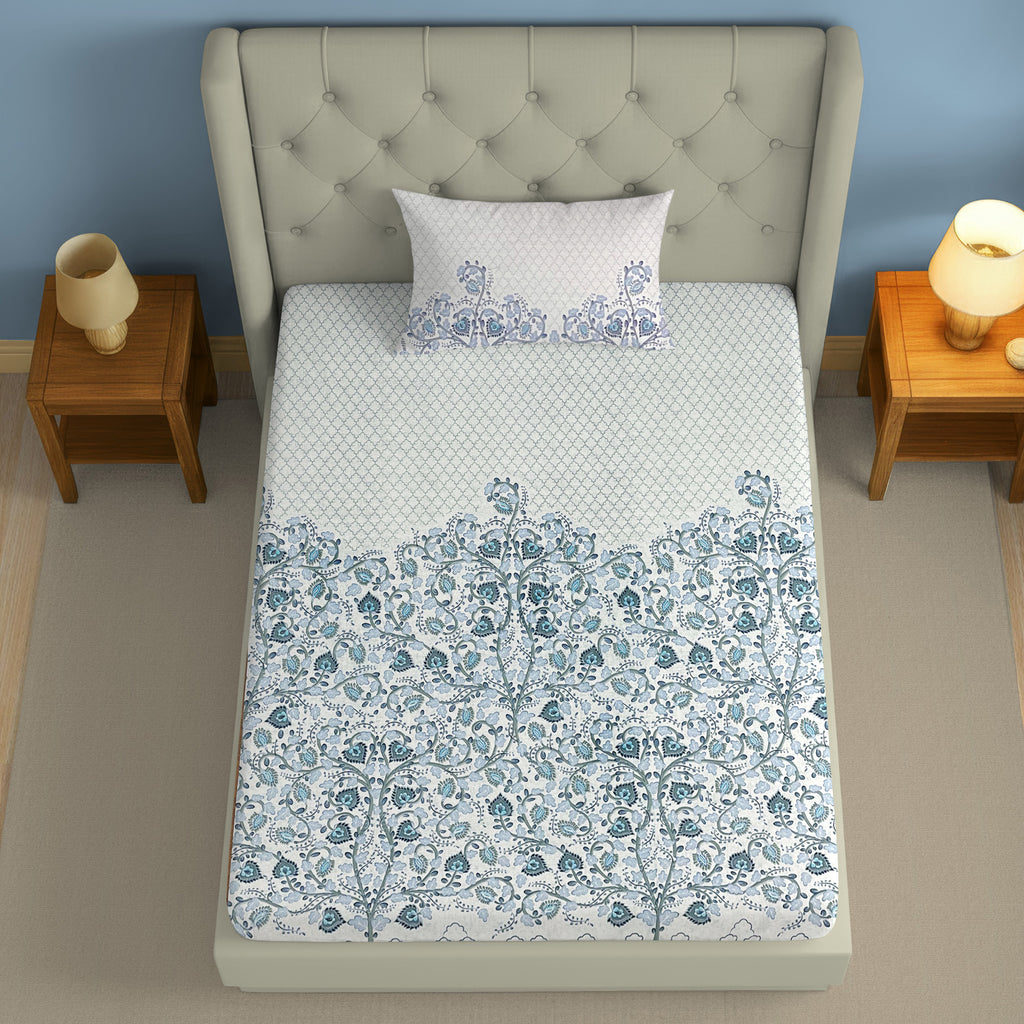 Cotton Single Bedsheet with 1 Pillow Covers 250TC - Blue & White Ethnic Floral Print (60x90 inches)