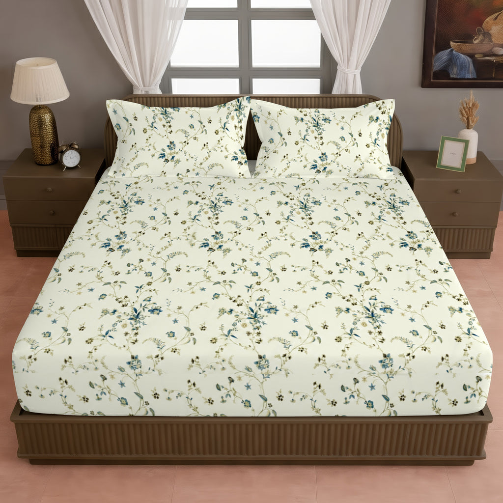 Ivory White Teal Floral 240 TC Cotton Bedsheet with 2 Pillow Covers