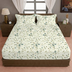 Ivory White Teal Floral 240 TC Cotton Bedsheet with 2 Pillow Covers