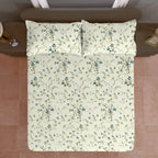 Ivory White Teal Floral 240 TC Cotton Bedsheet with 2 Pillow Covers
