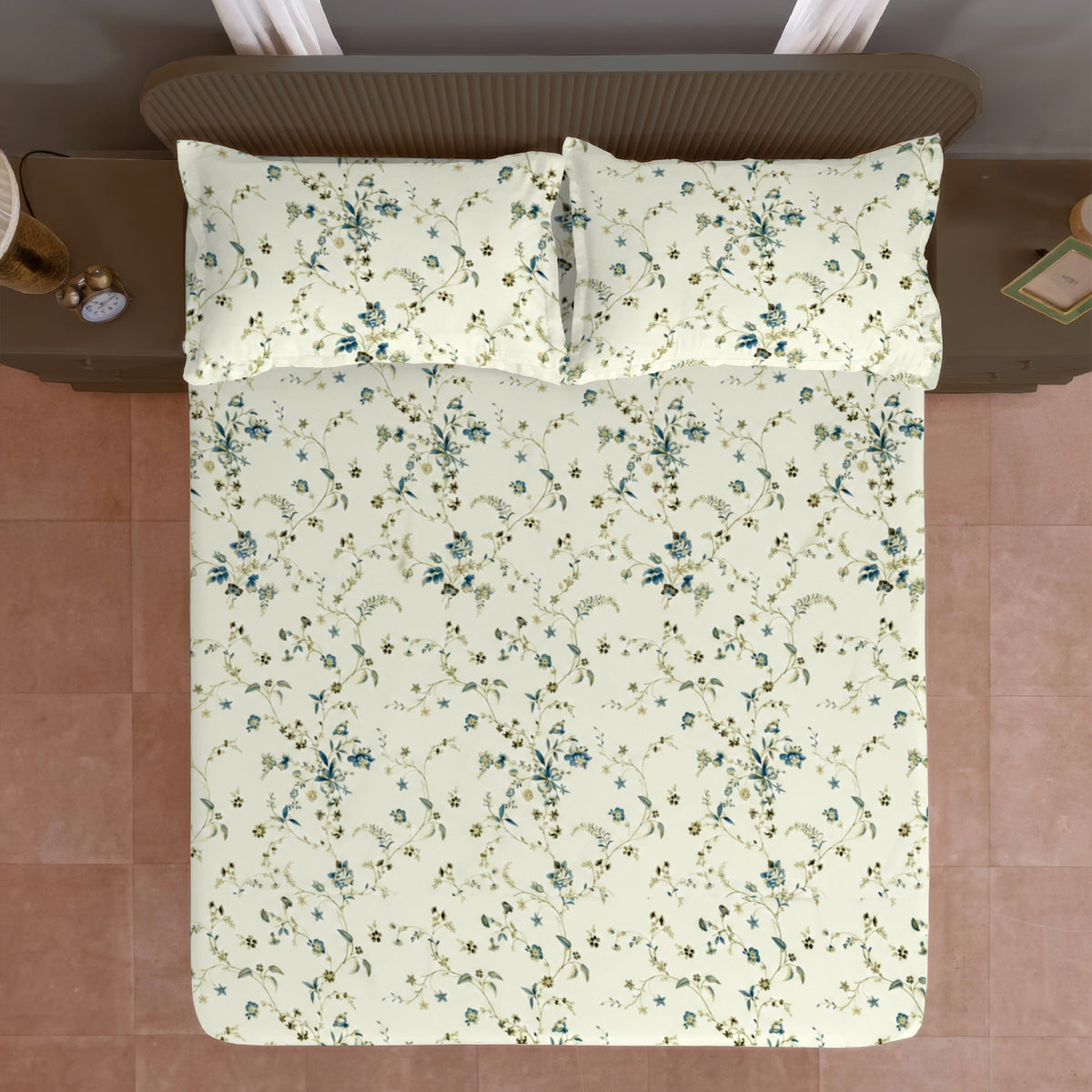 Ivory White Teal Floral 240 TC Cotton Bedsheet with 2 Pillow Covers