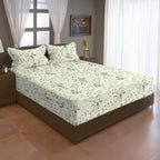 Ivory White Teal Floral 240 TC Cotton Bedsheet with 2 Pillow Covers