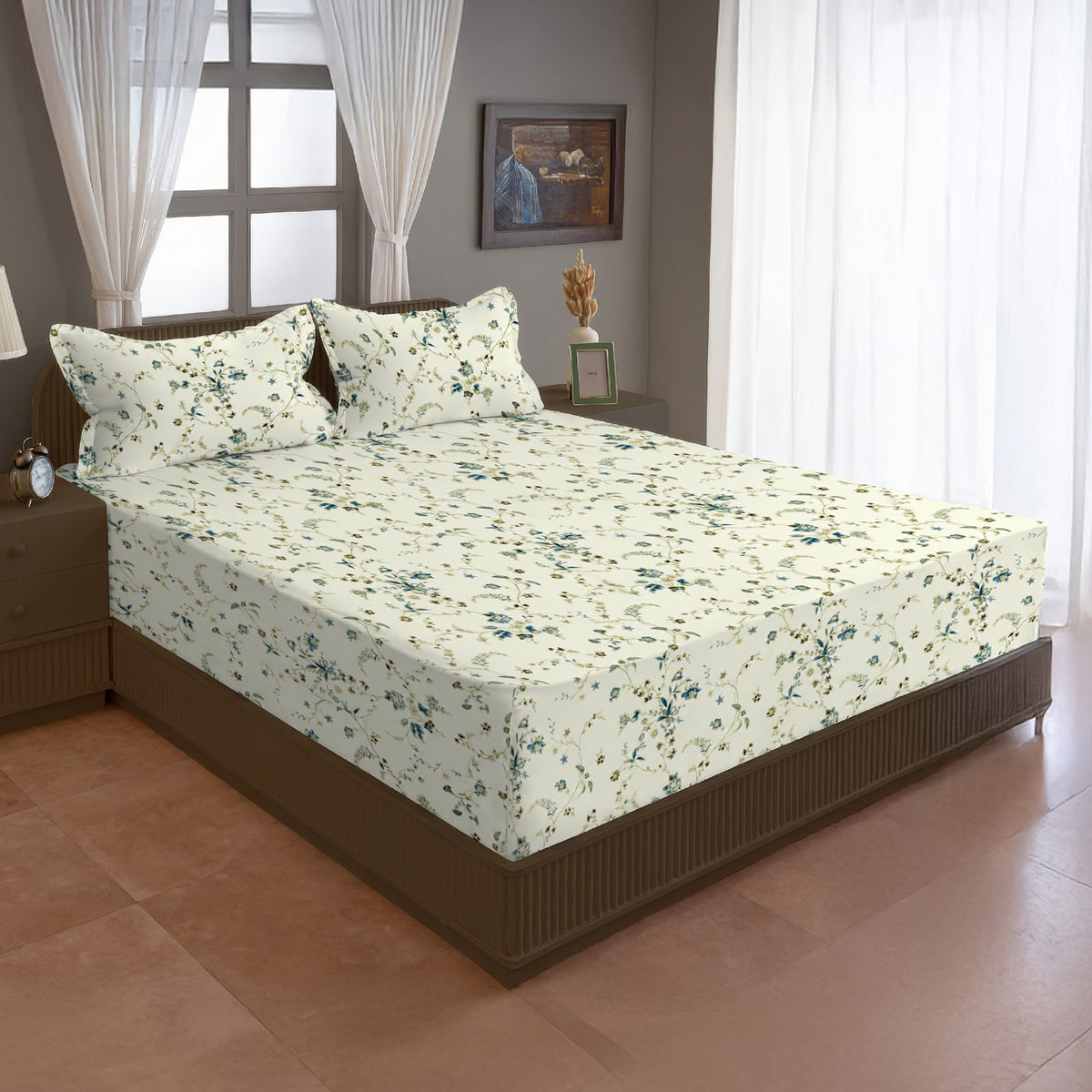 Ivory White Teal Floral 240 TC Cotton Bedsheet with 2 Pillow Covers