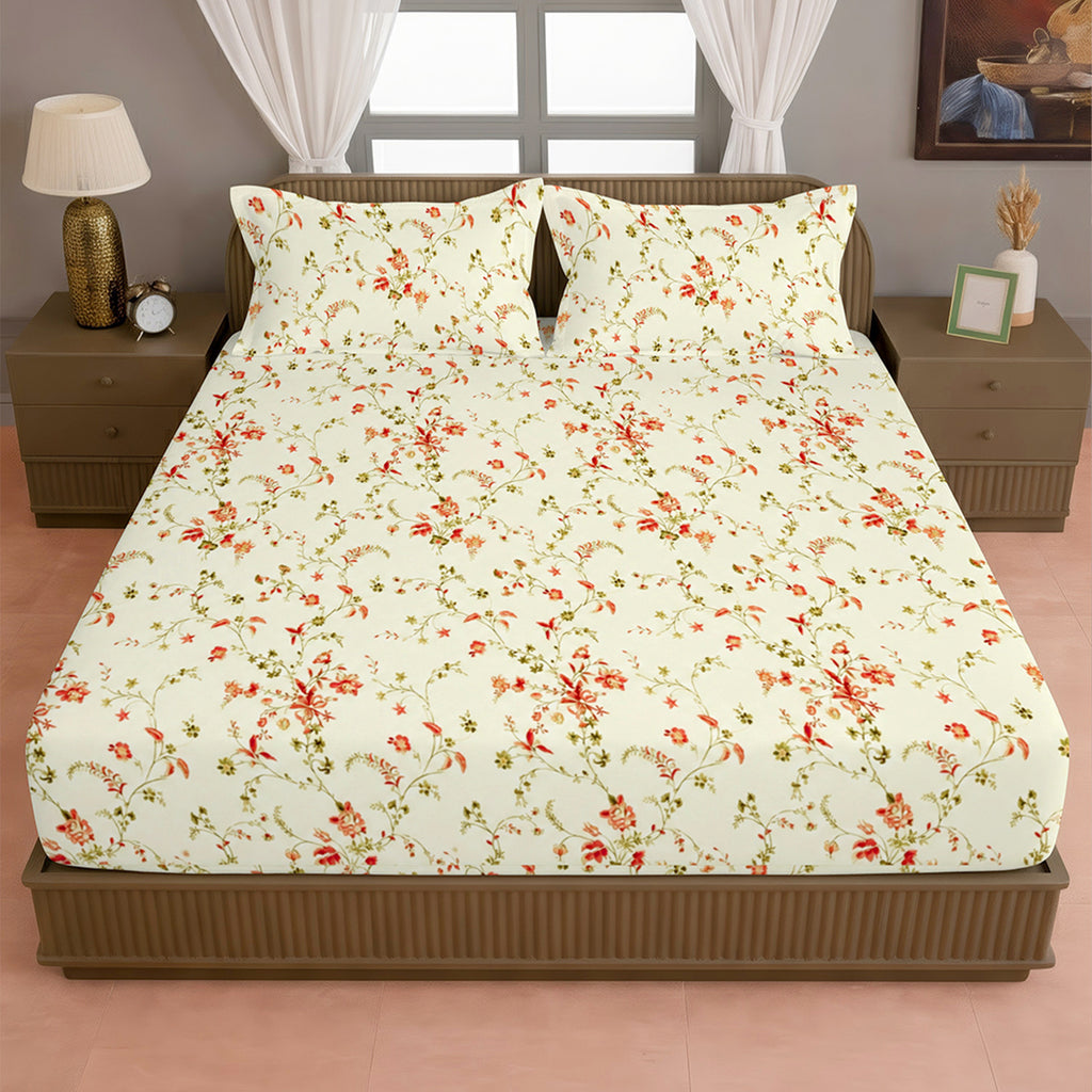 Ivory White Coral Floral 240 TC Cotton Bedsheet with 2 Pillow Covers