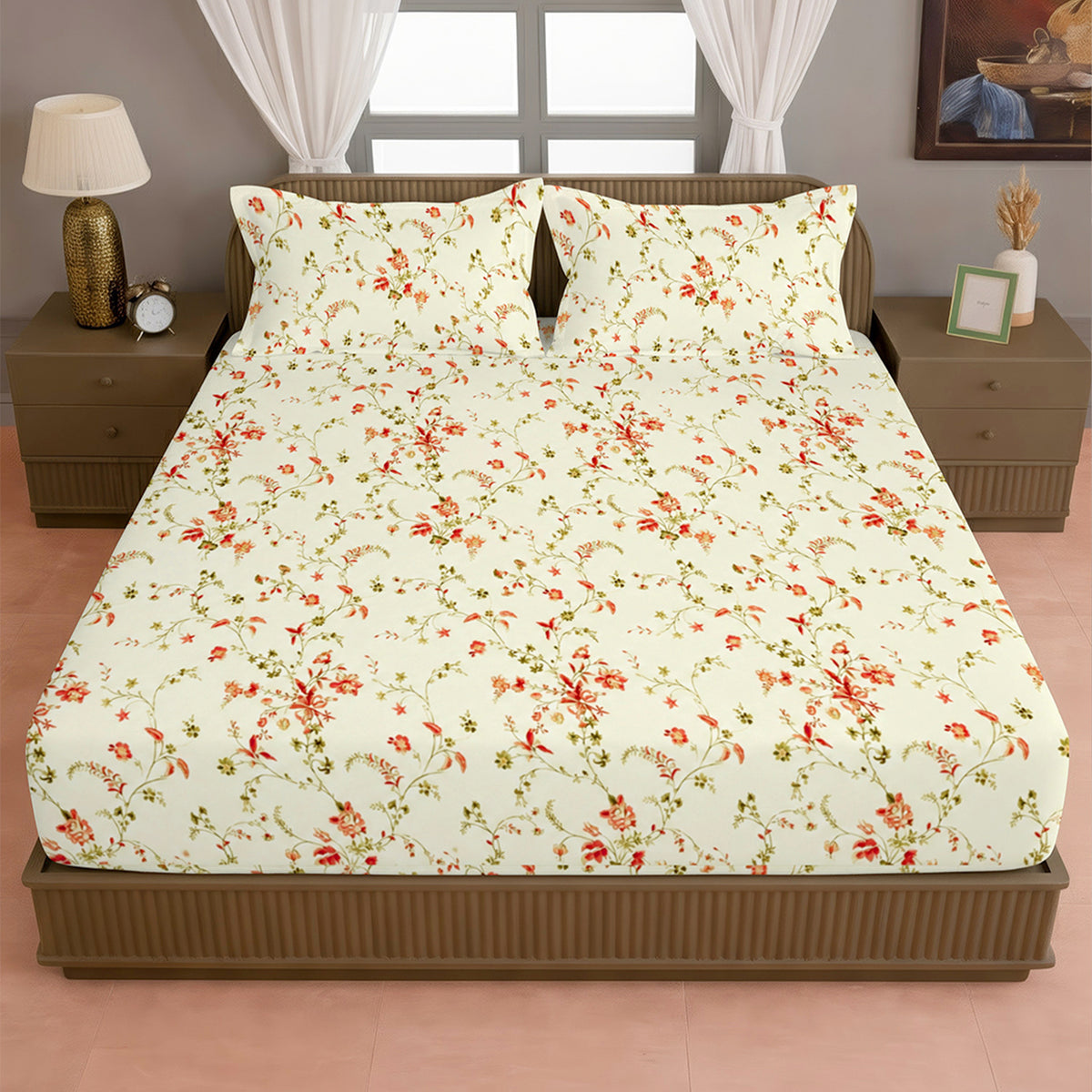 Ivory White Coral Floral 240 TC Cotton Bedsheet with 2 Pillow Covers
