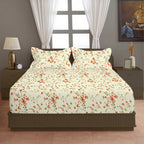 Ivory White Coral Floral 240 TC Cotton Bedsheet with 2 Pillow Covers