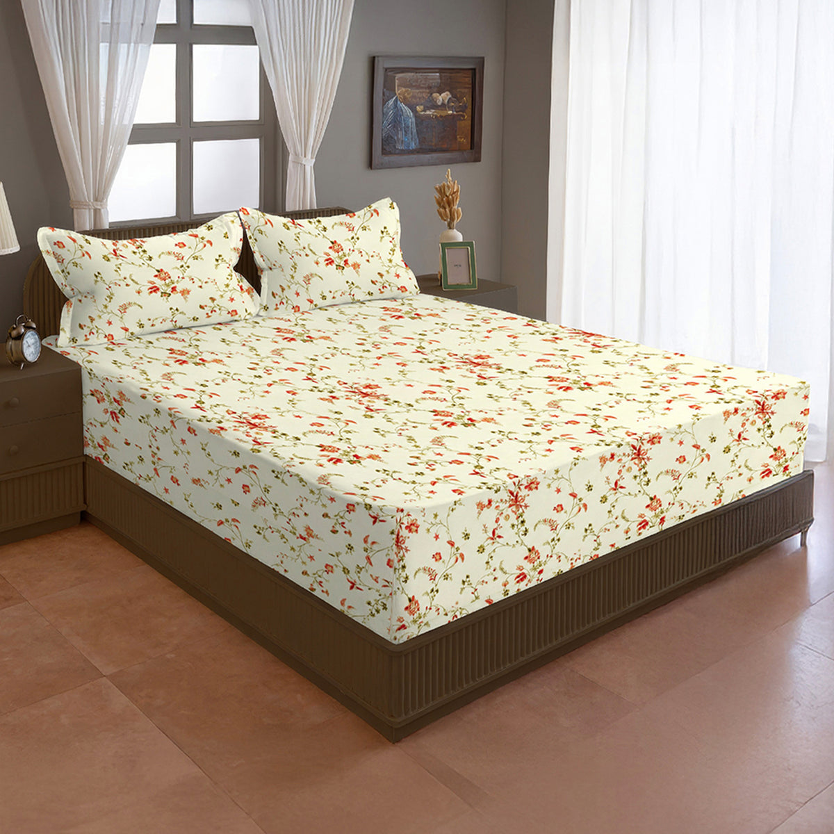 Ivory White Coral Floral 240 TC Cotton Bedsheet with 2 Pillow Covers
