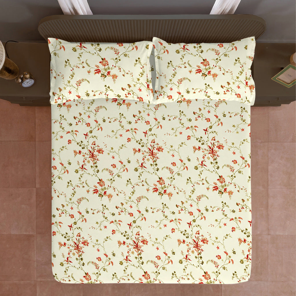 Ivory White Coral Floral 240 TC Cotton Bedsheet with 2 Pillow Covers