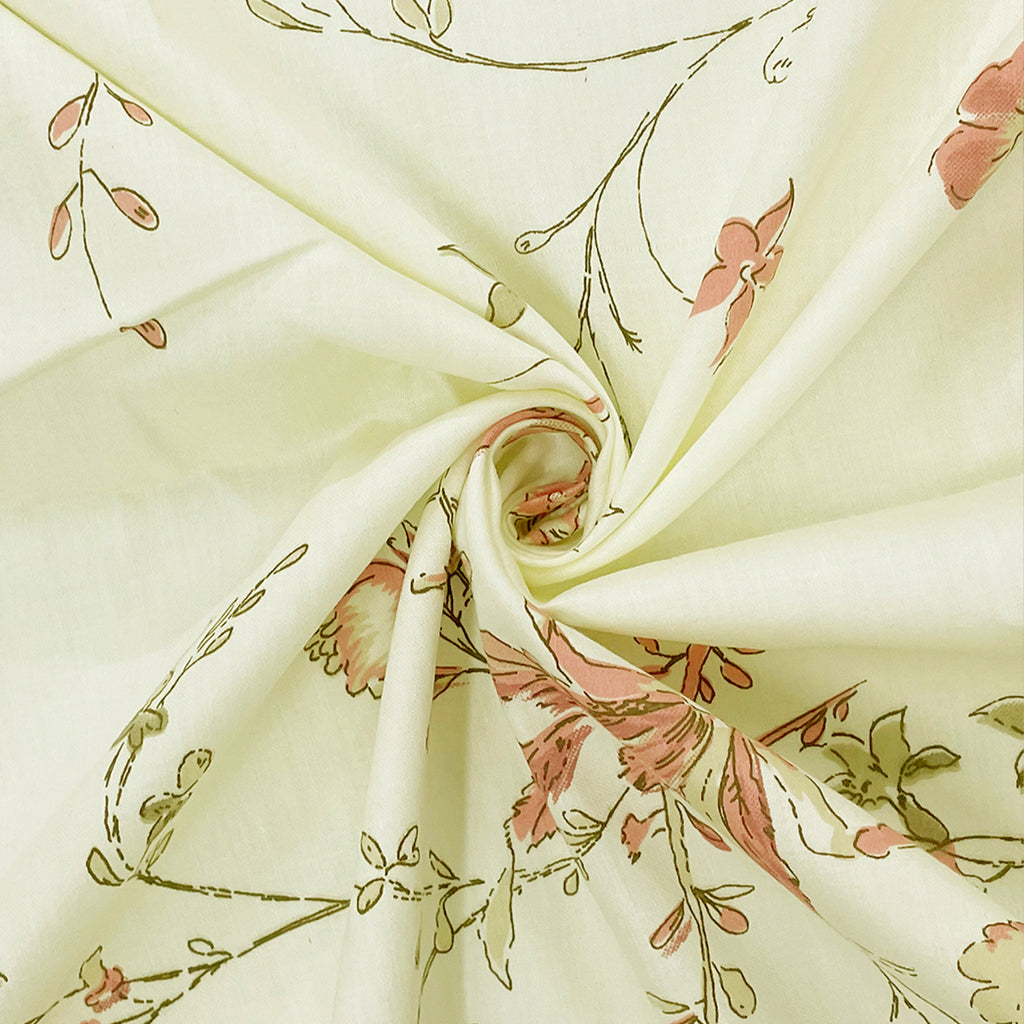 Ivory White Coral Floral 240 TC Cotton Bedsheet with 2 Pillow Covers