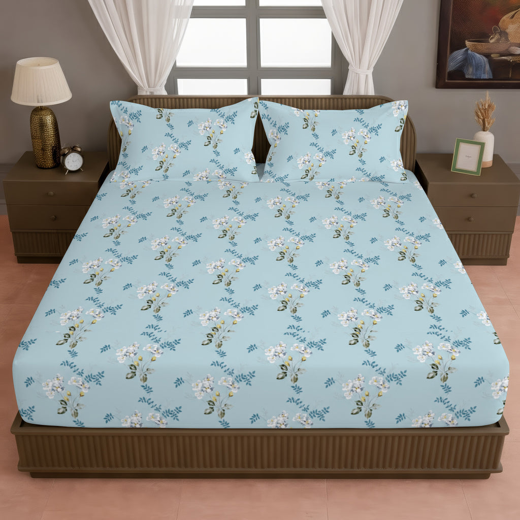 Sky Blue White Floral 240 TC Cotton Bedsheet with 2 Pillow Covers