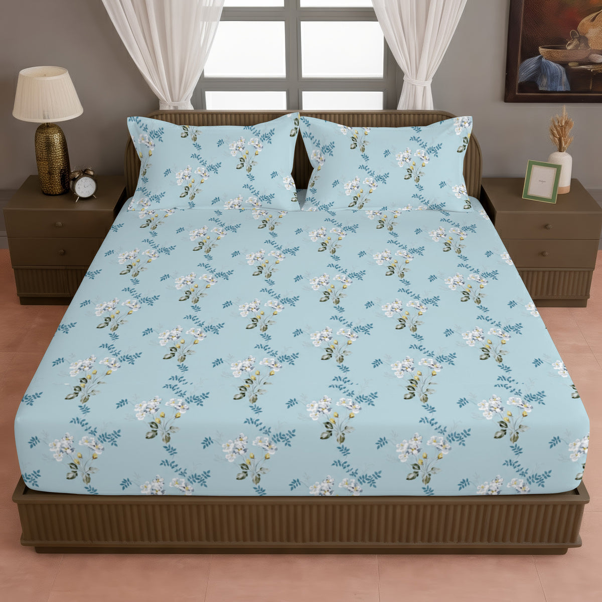Sky Blue White Floral 240 TC Cotton Bedsheet with 2 Pillow Covers