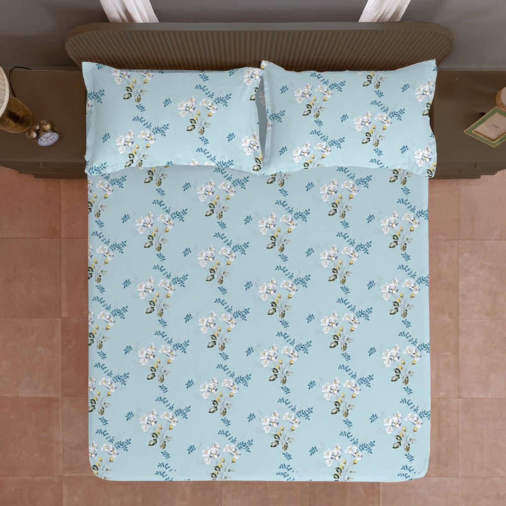 Sky Blue White Floral 240 TC Cotton Bedsheet with 2 Pillow Covers