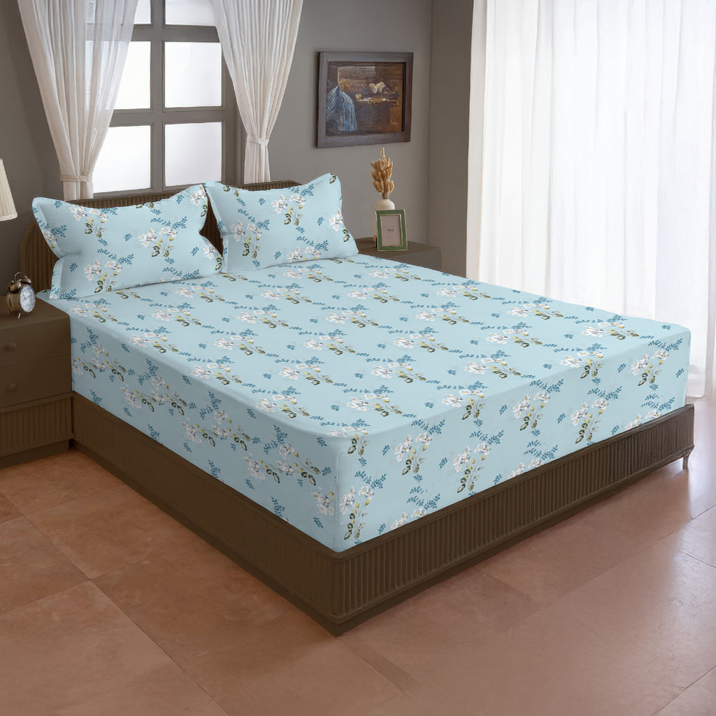 Sky Blue White Floral 240 TC Cotton Bedsheet with 2 Pillow Covers