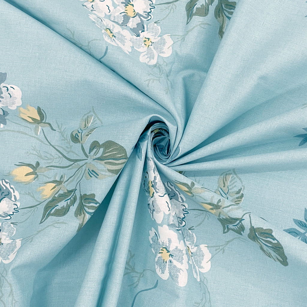 Sky Blue White Floral 240 TC Cotton Bedsheet with 2 Pillow Covers