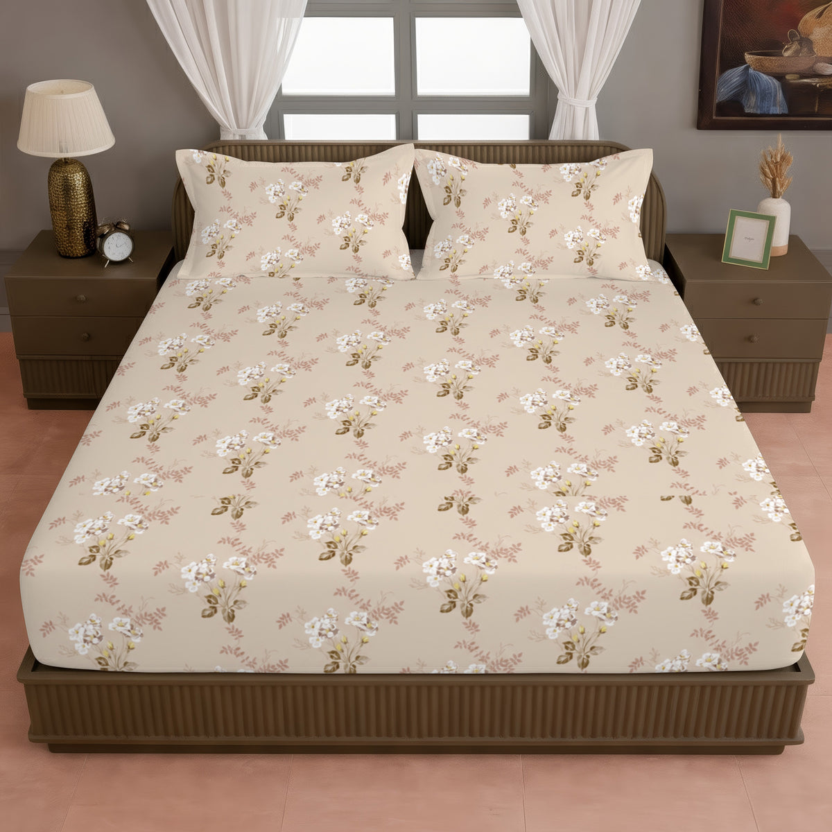 Peach Beige Pink Floral 240 TC Cotton Bedsheet with 2 Pillow Covers