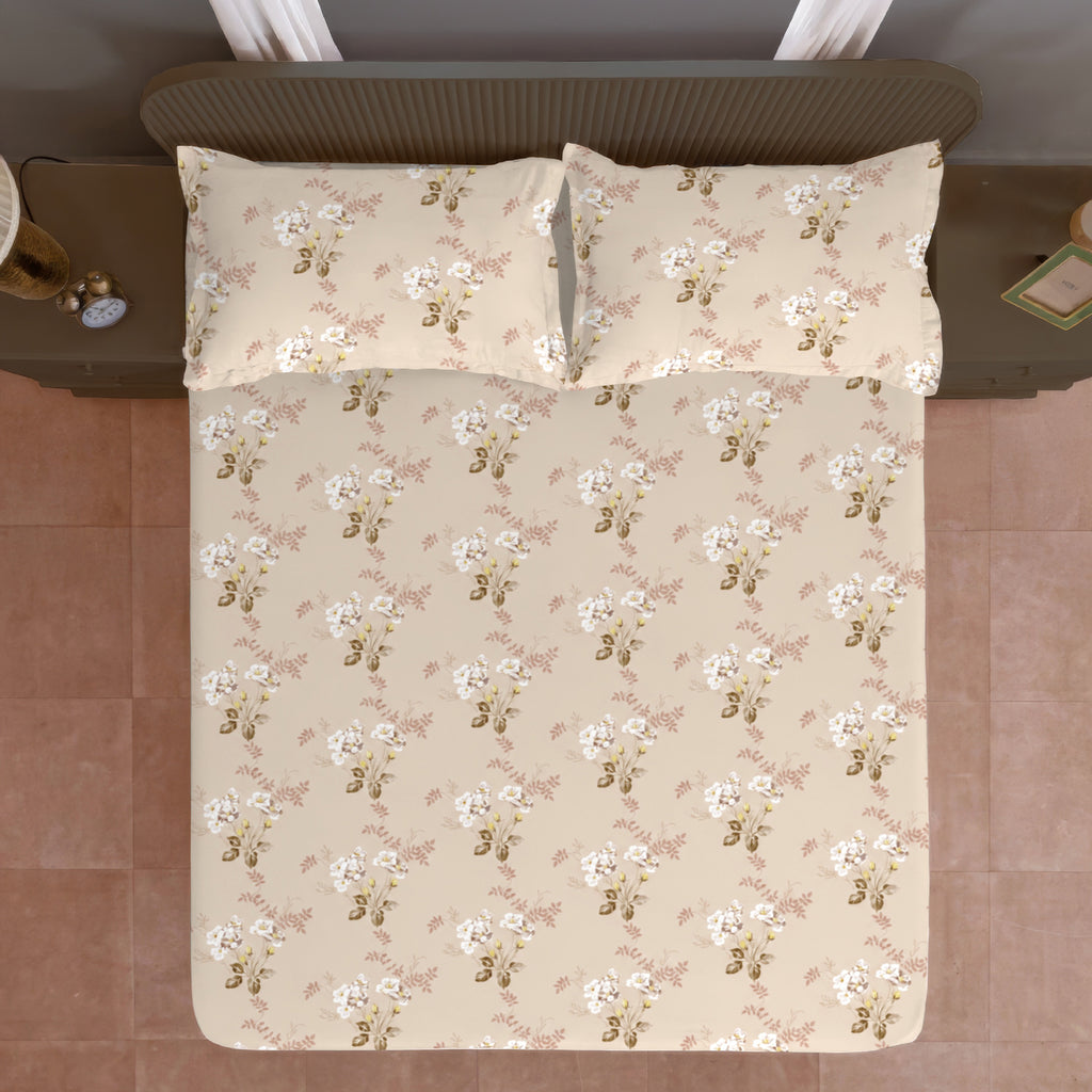 Peach Beige Pink Floral 240 TC Cotton Bedsheet with 2 Pillow Covers