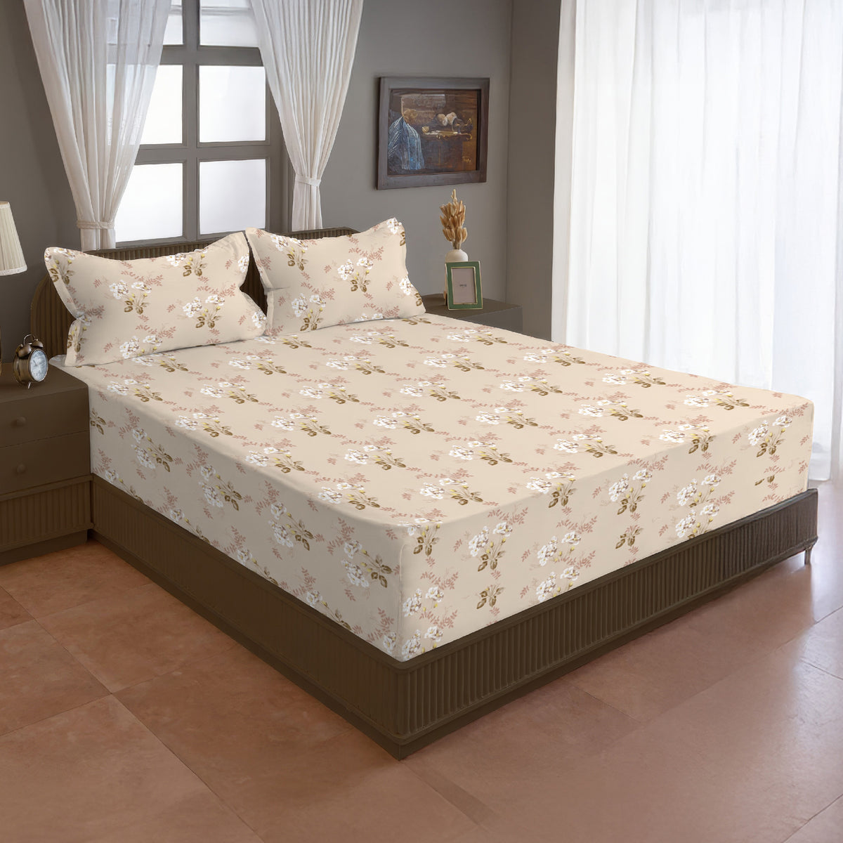 Peach Beige Pink Floral 240 TC Cotton Bedsheet with 2 Pillow Covers