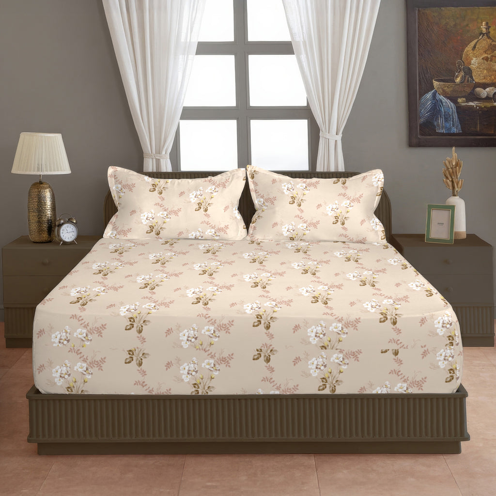 Peach Beige Pink Floral 240 TC Cotton Bedsheet with 2 Pillow Covers