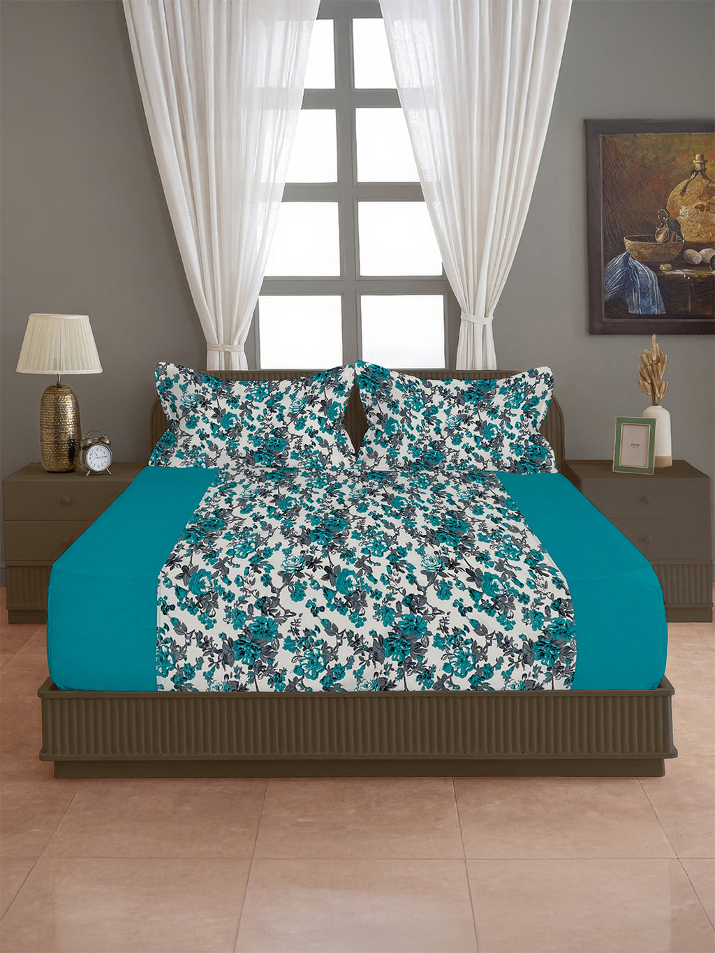 Teal Bloom - Floral 200TC Cotton multi colour Double King (90x108 Inches)