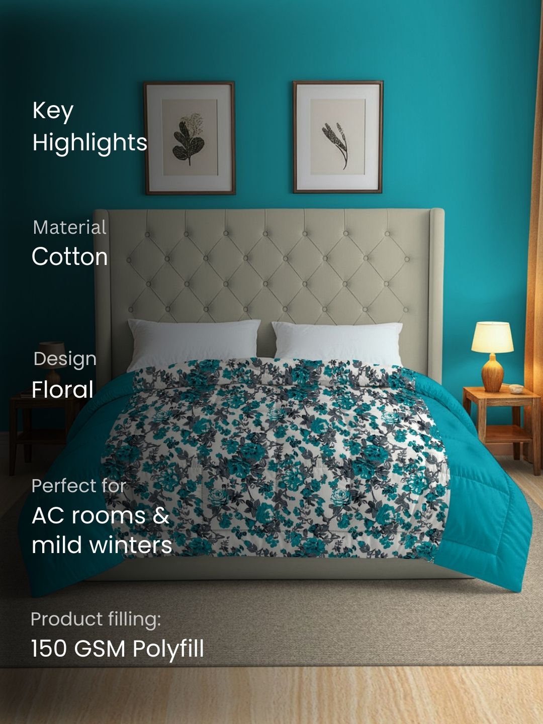 Soft Cotton Floral Blue Double AC Quilt