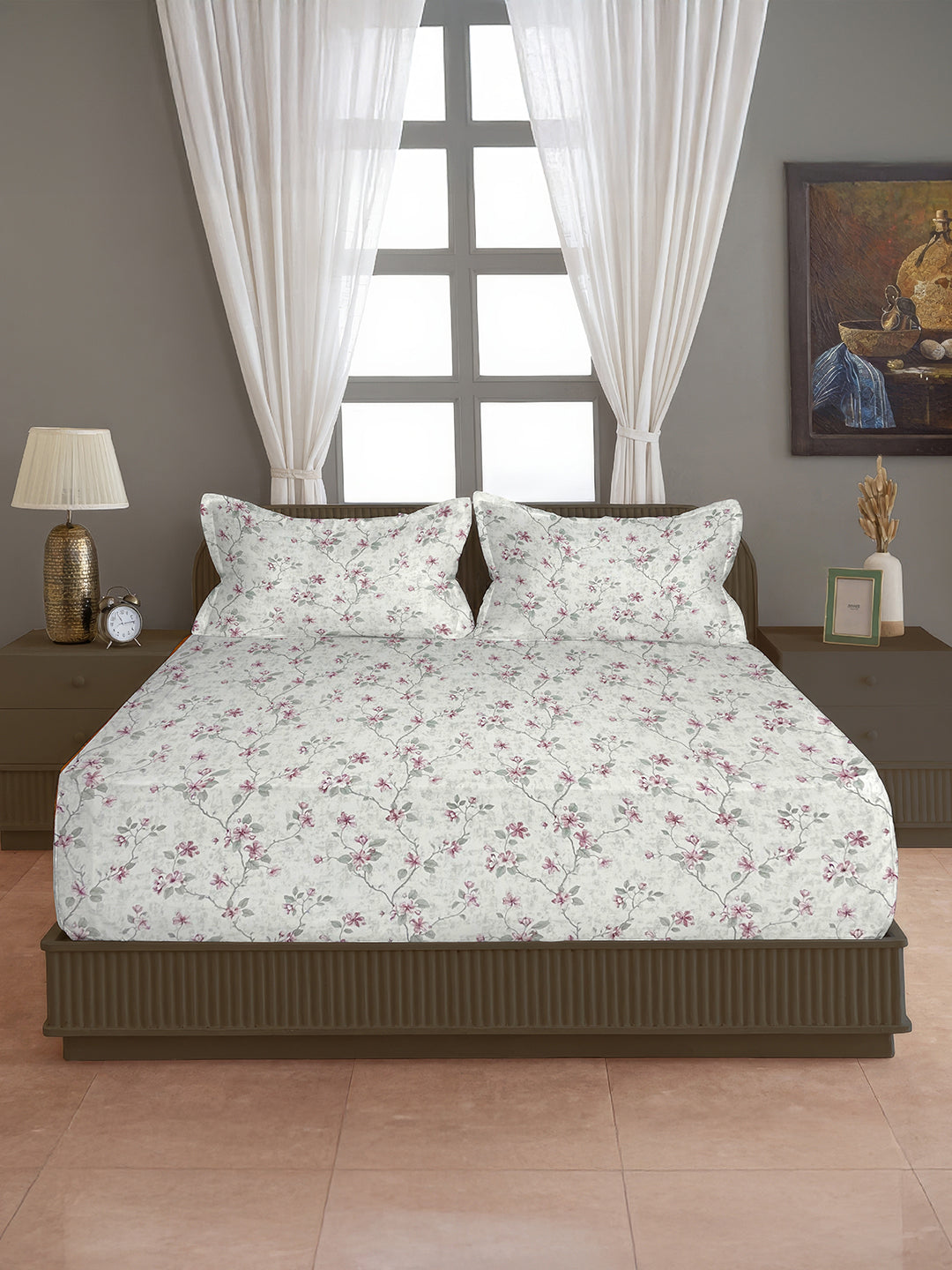 Cotton Super King Bedsheet with 2 Pillow Covers - Mint Green Floral Vine Print (108x108 inches)