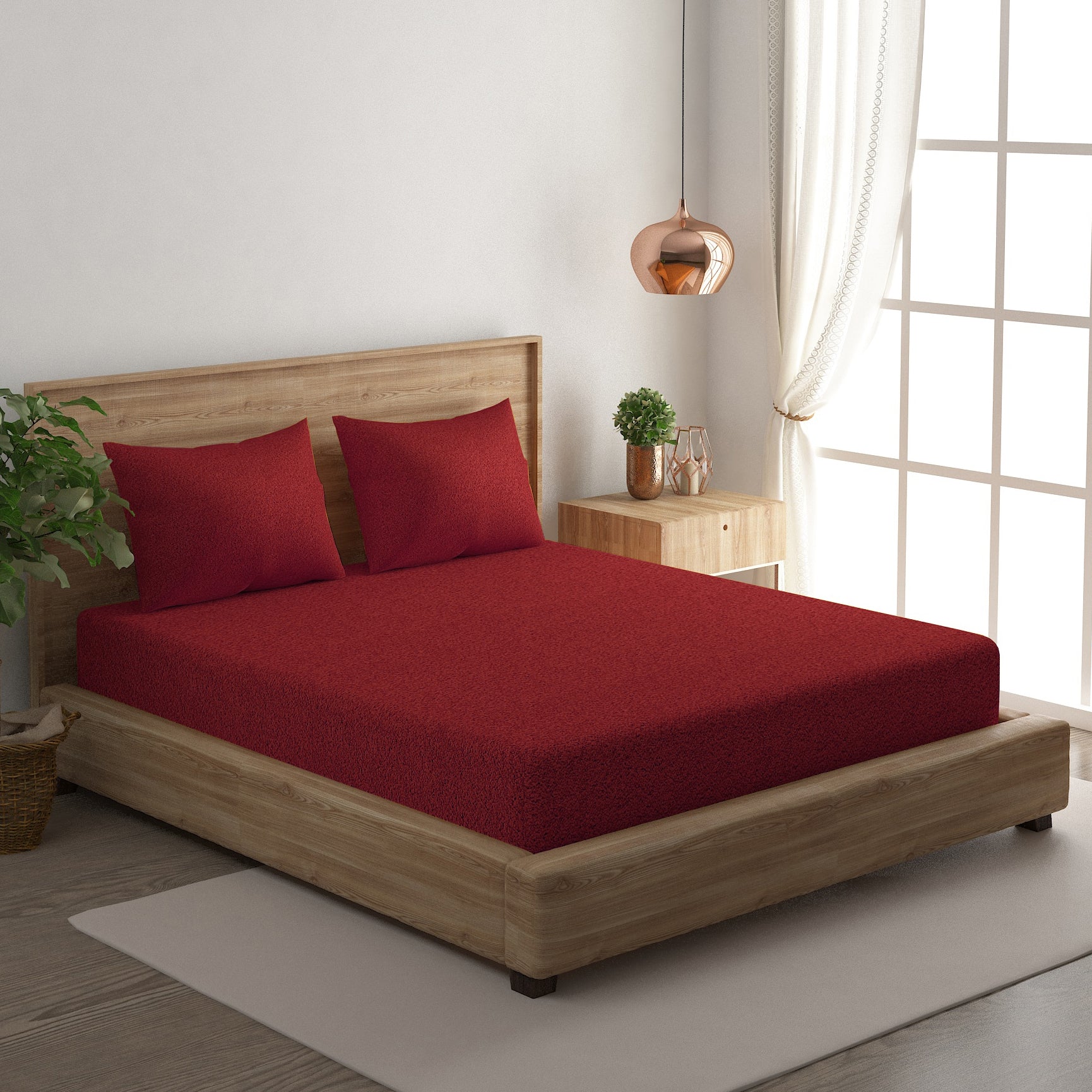 Solid Maroon Thermal King Fitted Bedsheet with 2 Matching Pillow Cover (72x78x10 inches)