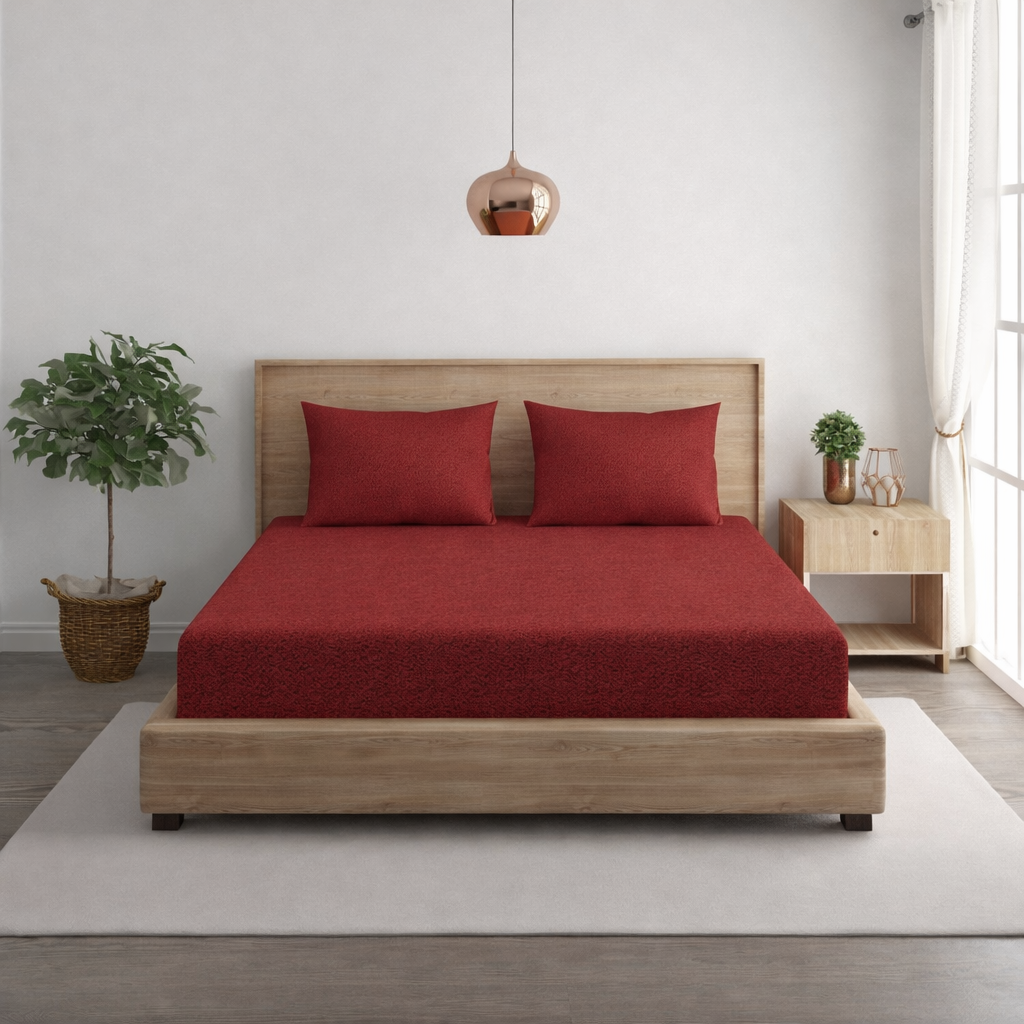 Solid Maroon Thermal King Fitted Bedsheet with 2 Matching Pillow Cover (72x78x10 inches)