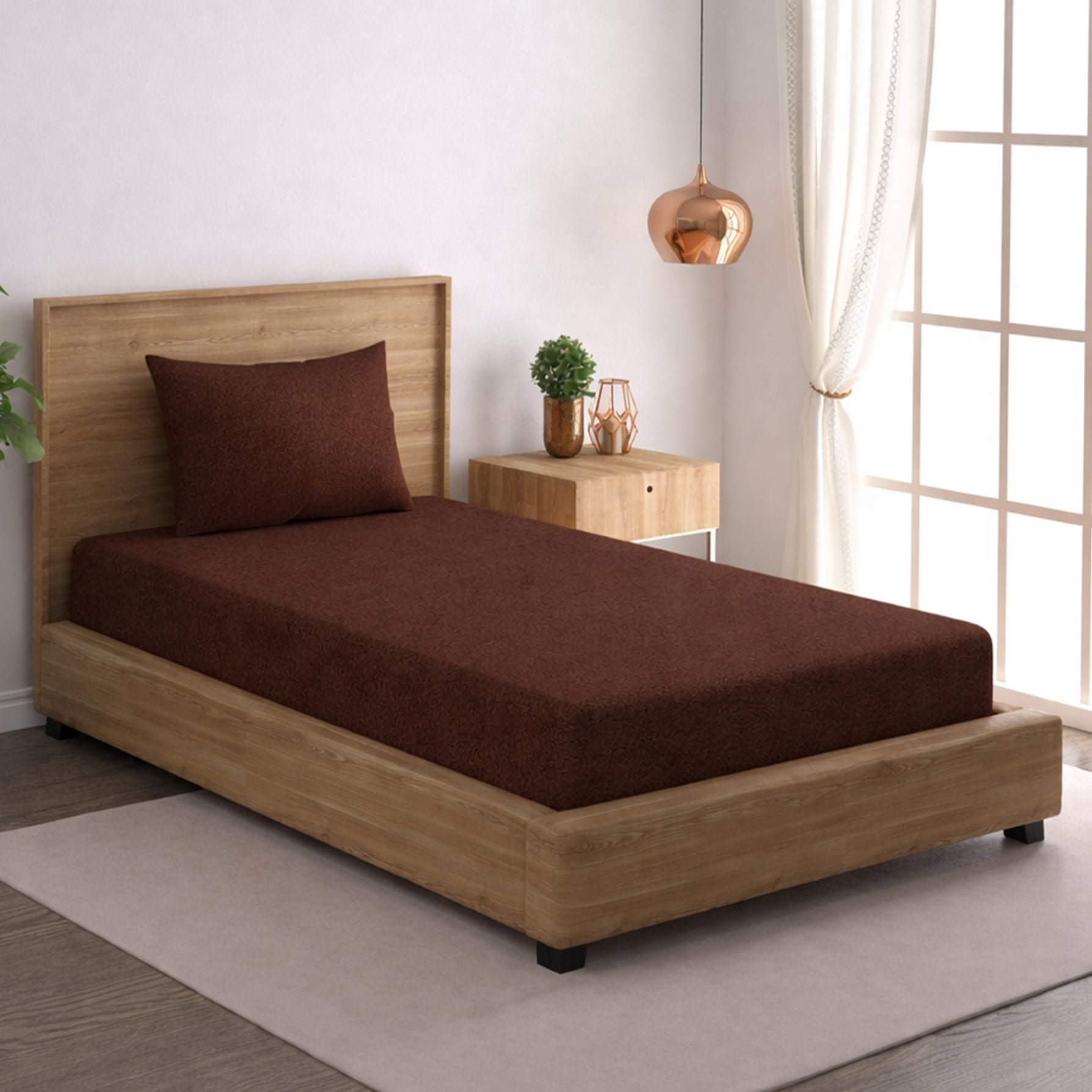 Solid Brown Thermal Single Bedsheet with Matching Pillow Cover (60x90 inches)