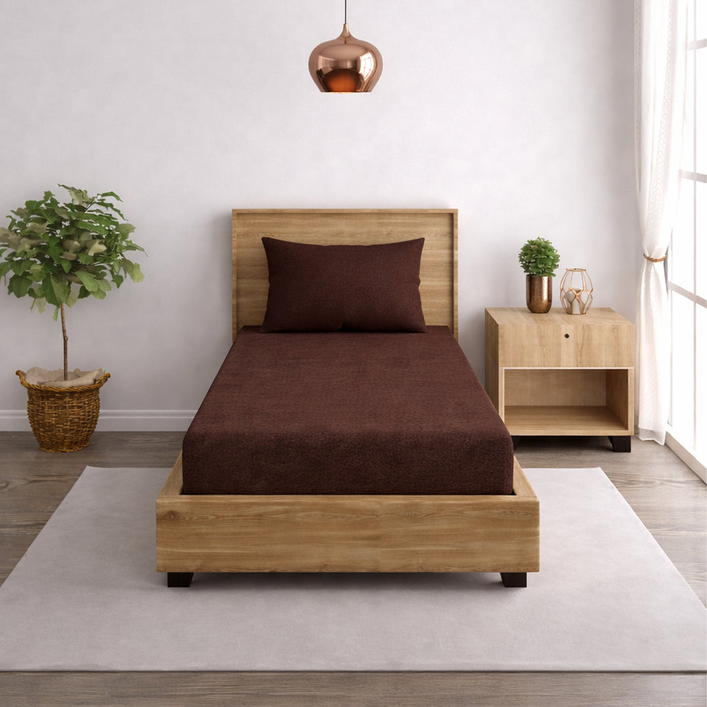 Solid Brown Thermal Single Bedsheet with Matching Pillow Cover (60x90 inches)