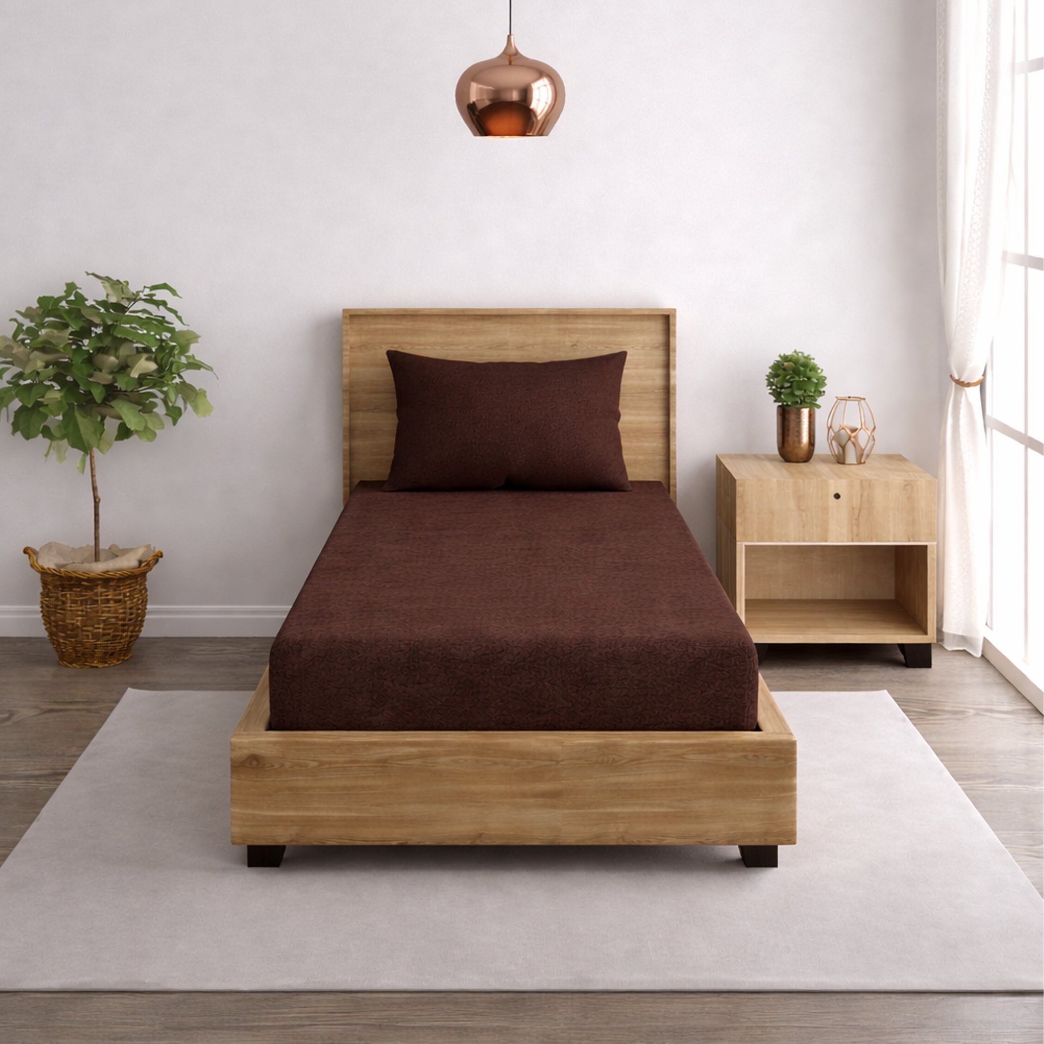 Solid Brown Thermal Single Bedsheet with Matching Pillow Cover (60x90 inches)
