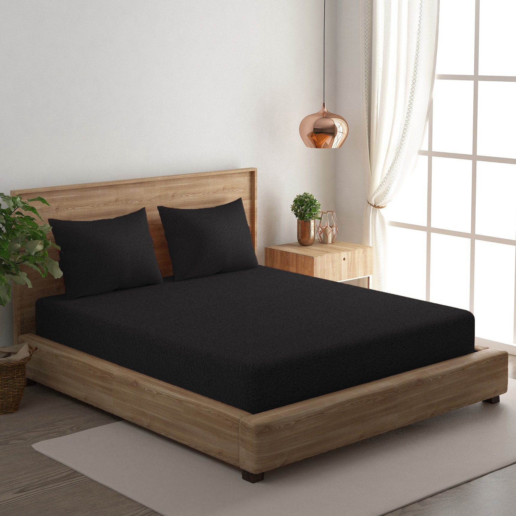 Solid Black Thermal King Fitted Bedsheet with 2 Matching Pillow Cover (72x78x10 inches)