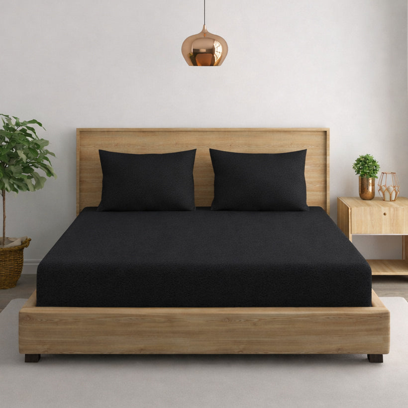 Solid Black Thermal King Fitted Bedsheet with 2 Matching Pillow Cover (72x78x10 inches)