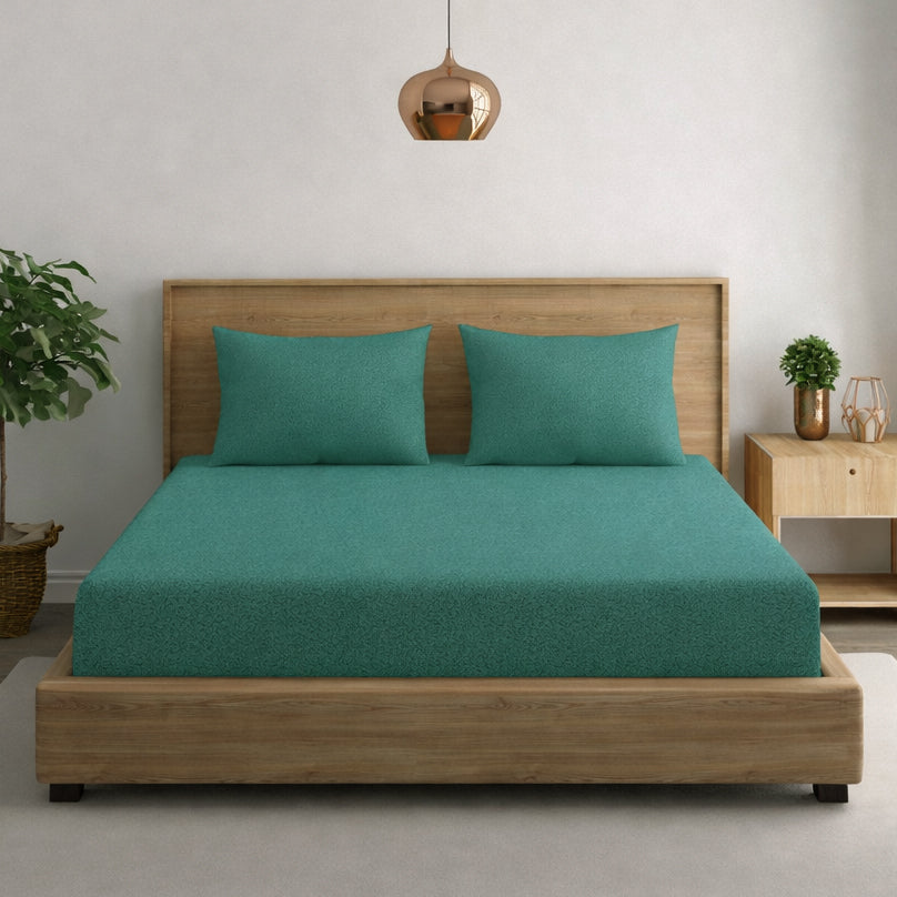 Solid Teal Green Thermal King Fitted Bedsheet with 2 Matching Pillow Cover (72x78x10 inches)