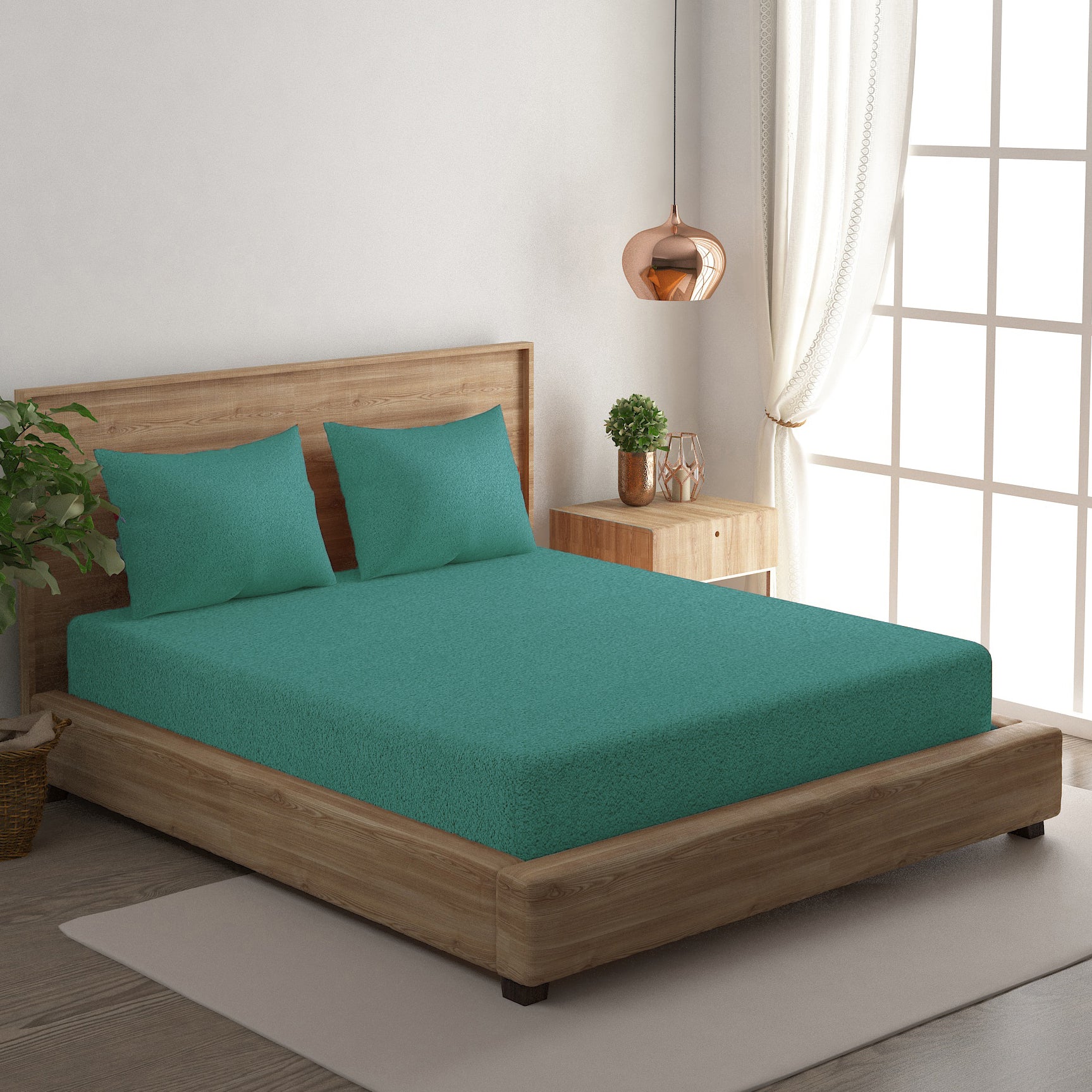 Solid Teal Green Thermal King Fitted Bedsheet with 2 Matching Pillow Cover (72x78x10 inches)