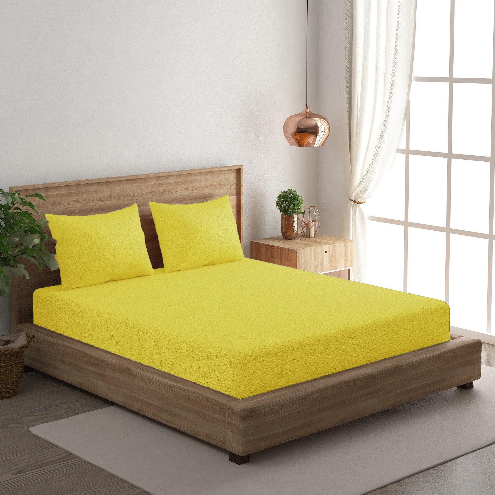 Solid Yellow Thermal Double King Bedsheet with 2 Matching Pillow Cover (90x108 inches)