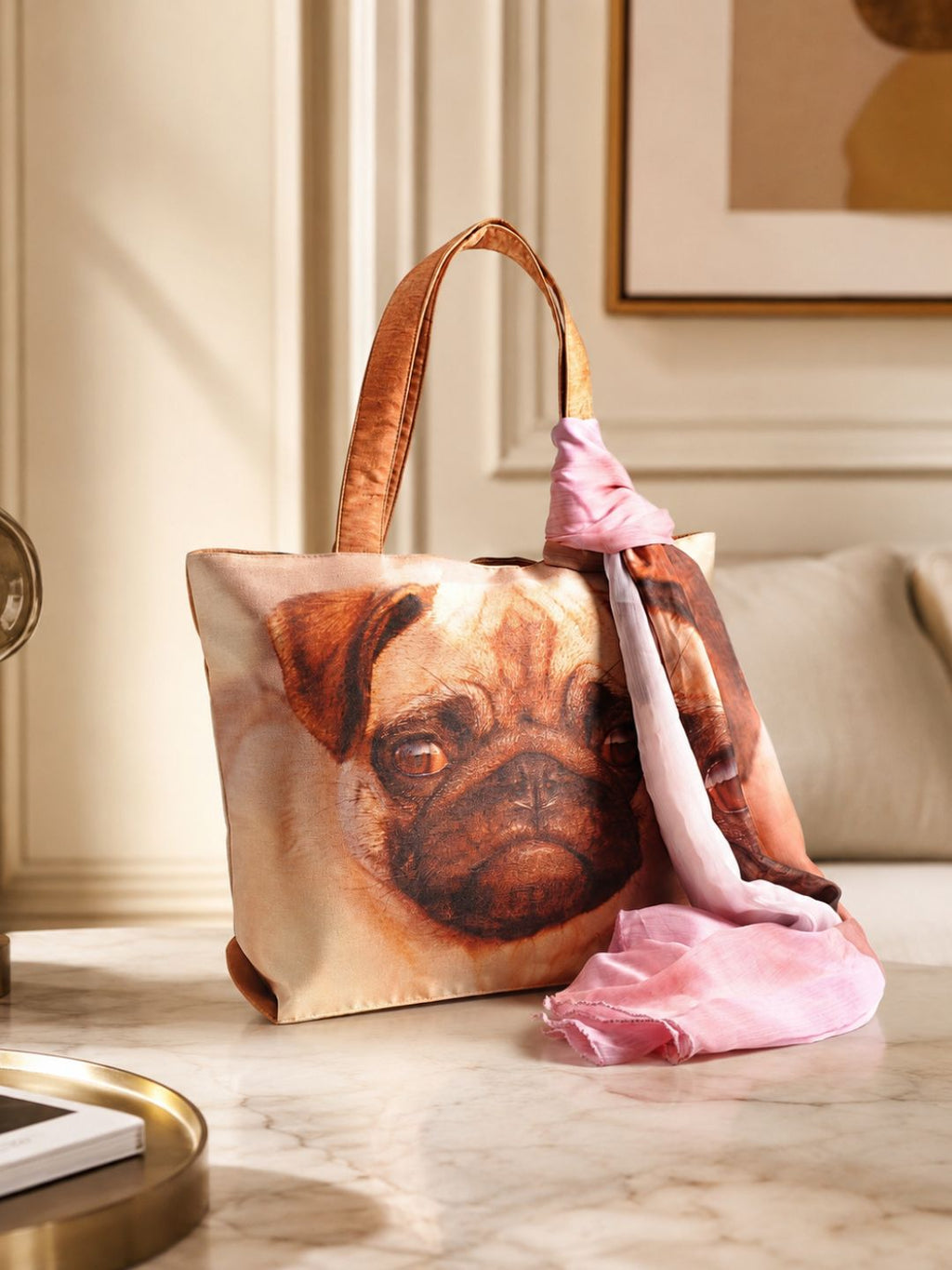 Paw-sitive Mood - Pug Portrait Tote with Blush Pink Wrap