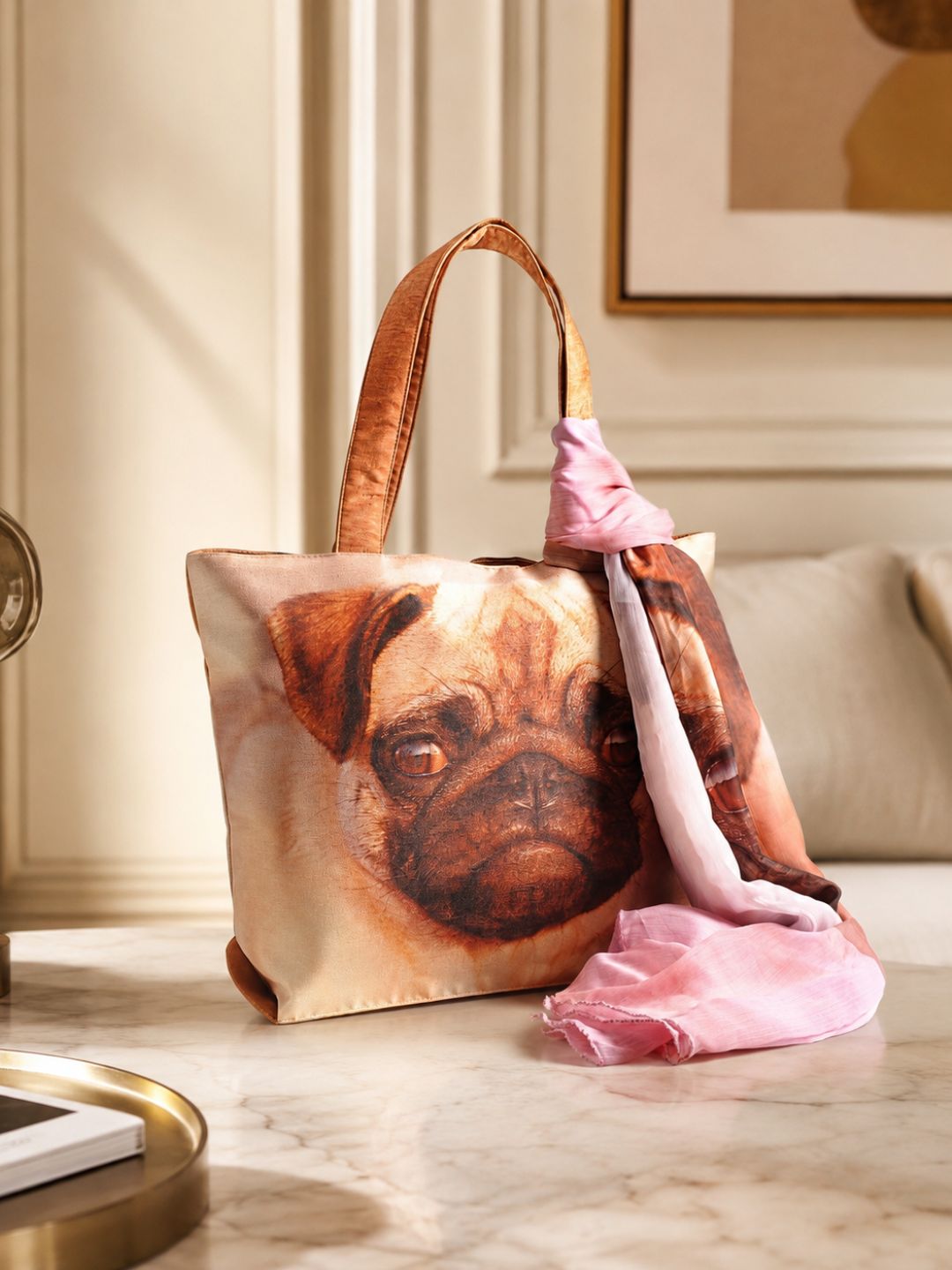 Paw-sitive Mood - Pug Portrait Tote with Blush Pink Wrap