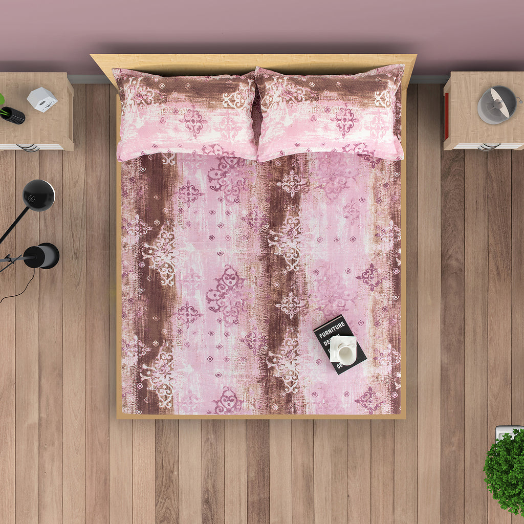 Rose Damask Pink & Brown Abstract 160 TC Pure Cotton Bedsheet with Pillow Cover