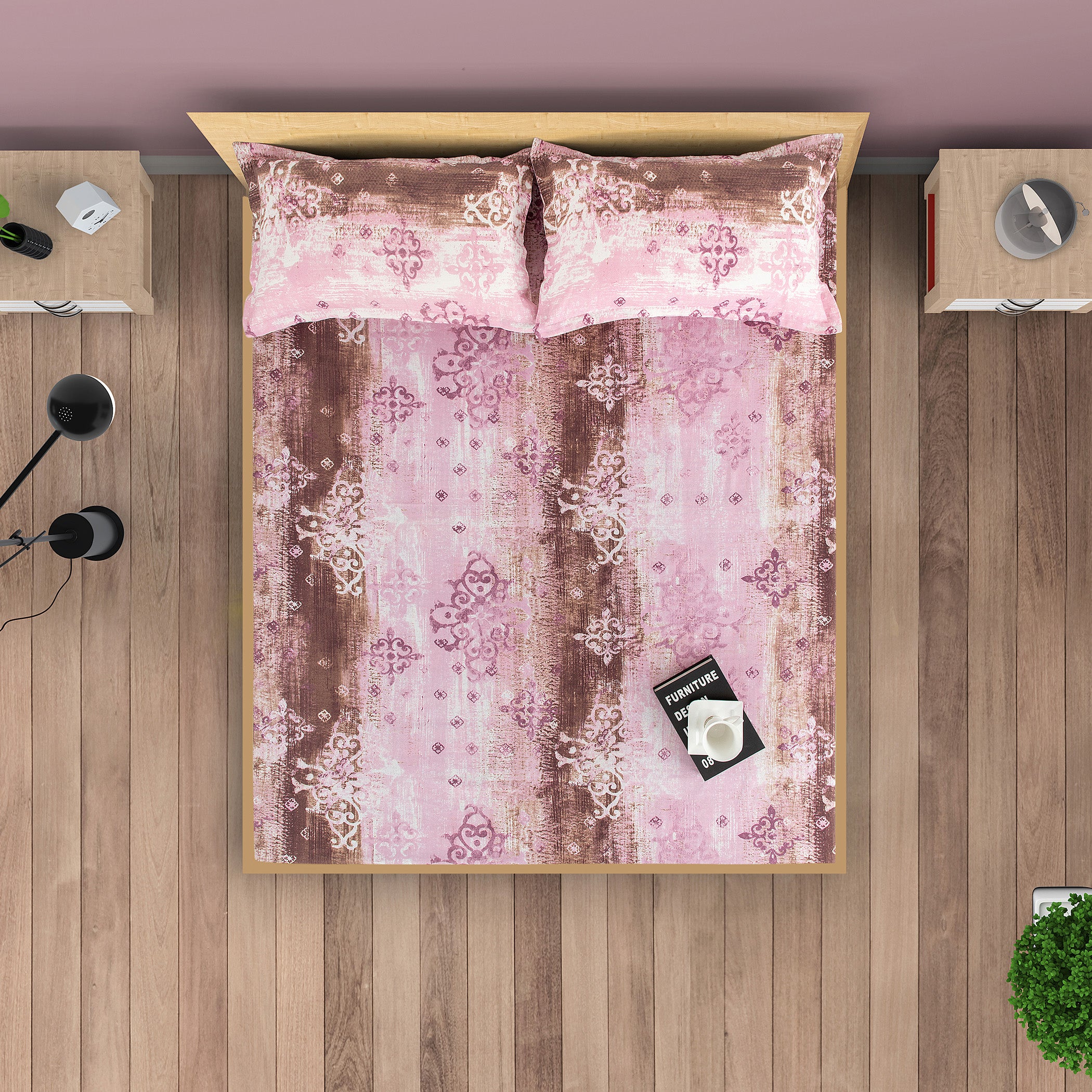 Rose Damask Pink & Brown Abstract 160 TC Pure Cotton Bedsheet with Pillow Cover