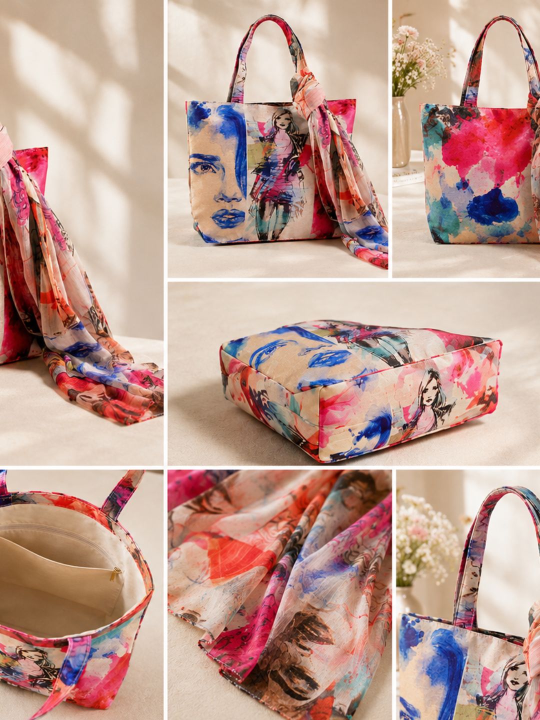 Urban Chic Canvas Tote - Bold Fashion Sketch Bag with Scarf