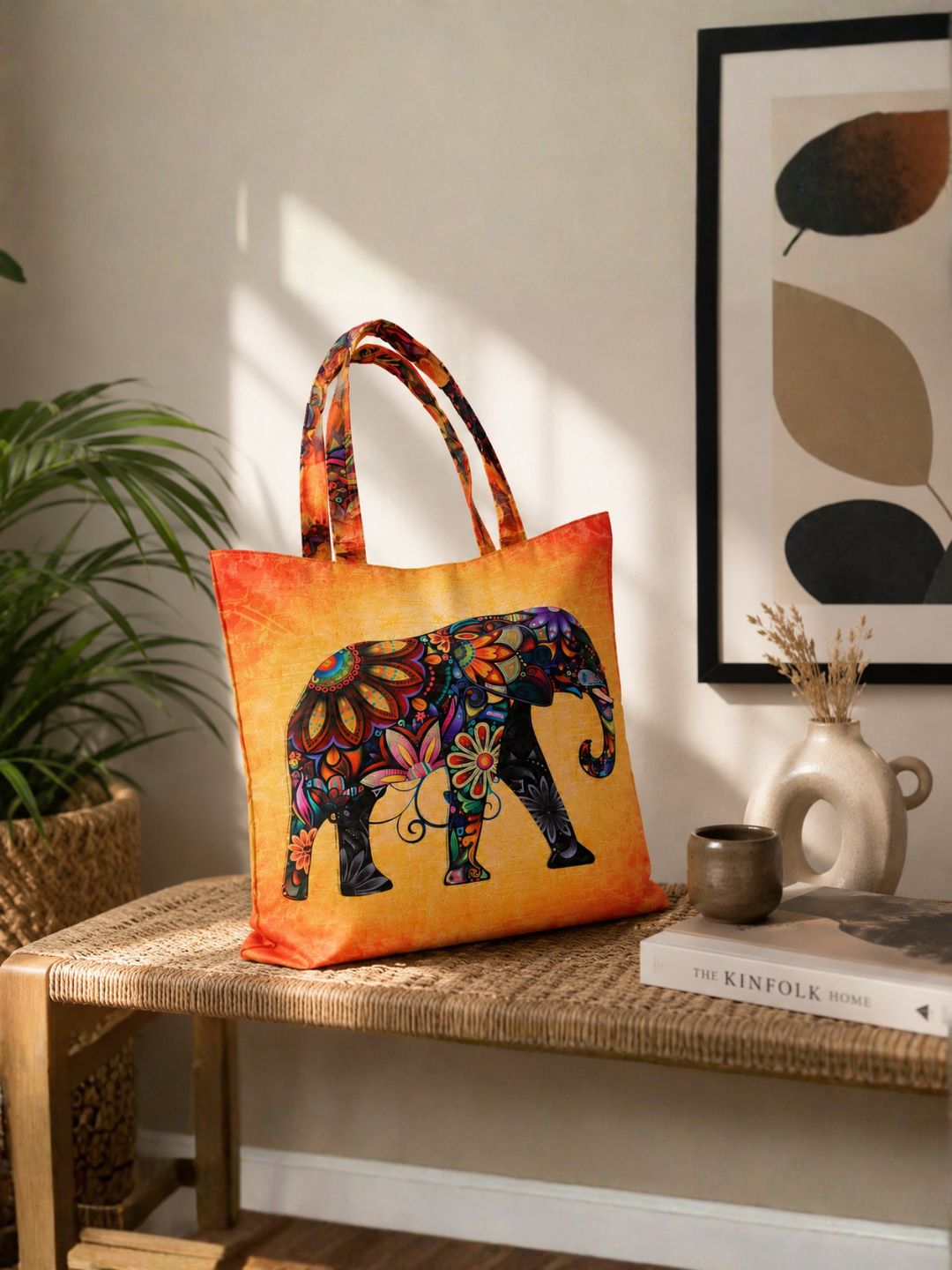 Boho Royal Elephant - Artistic Printed Tote Bag with Inner Pockets & Sturdy Dual Handles