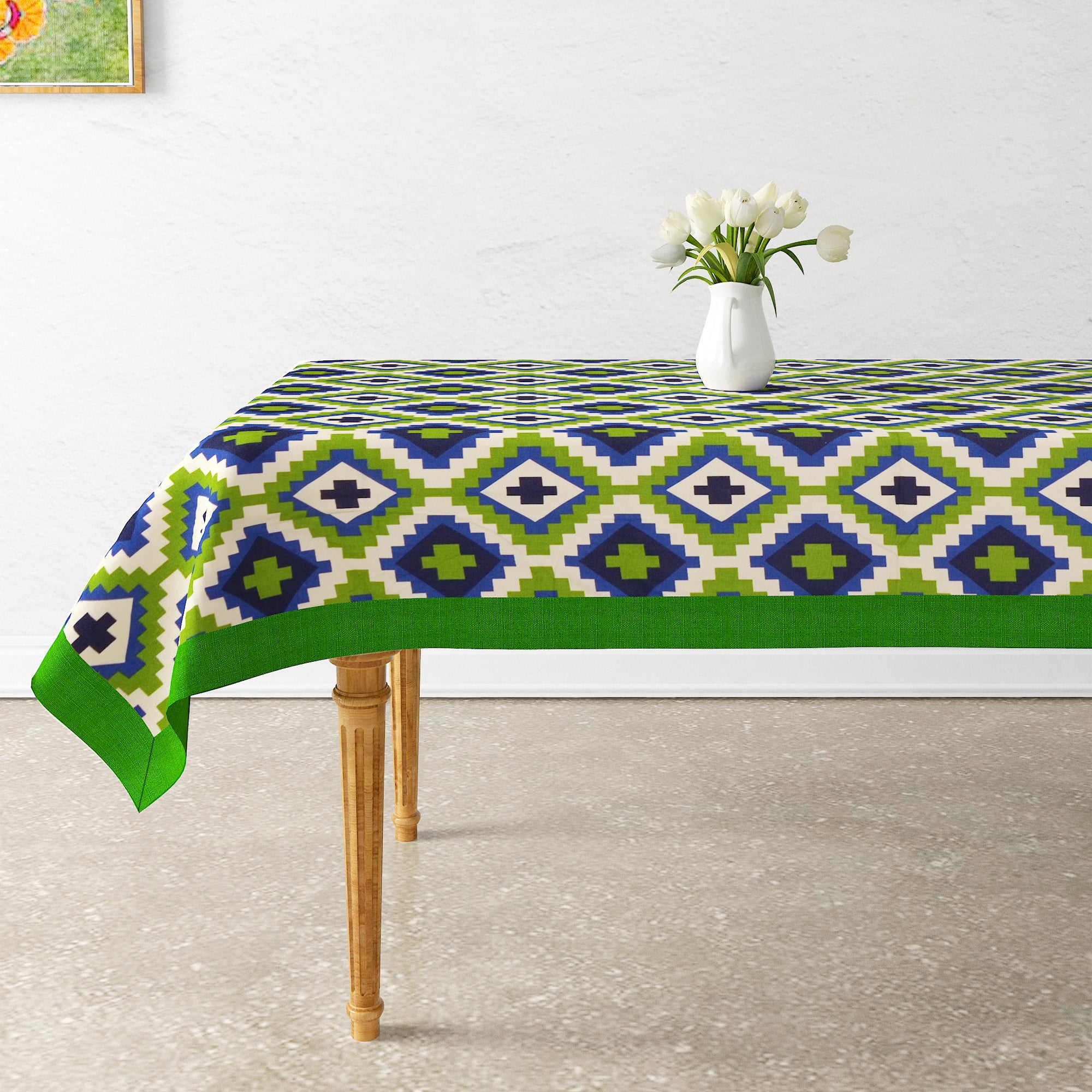 Premium Cotton Geometric Green & Blue Rectangular 8 Seater Table Cover