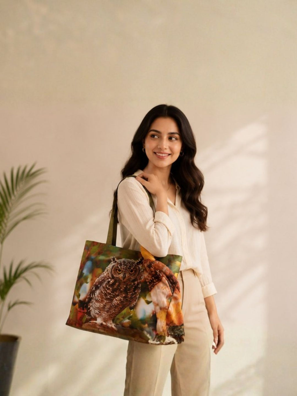 Night Watcher - Owl Portrait Tote with Forest-Hued Wrap