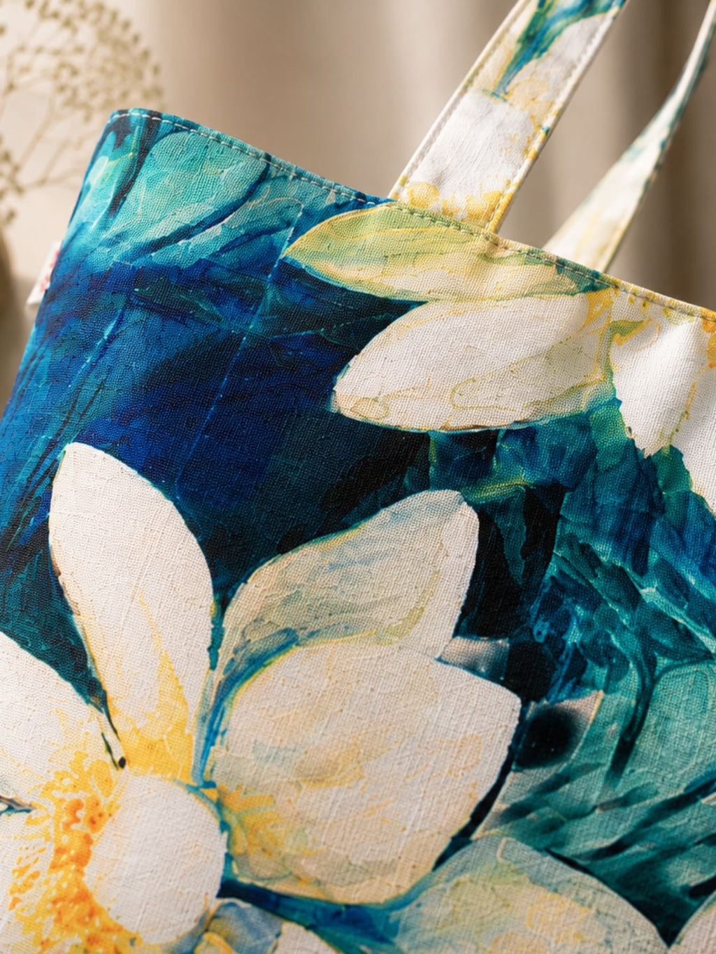 Botanical Lotus Bloom - Floral Printed Tote Bag in Soft Aqua and Yellow Accents
