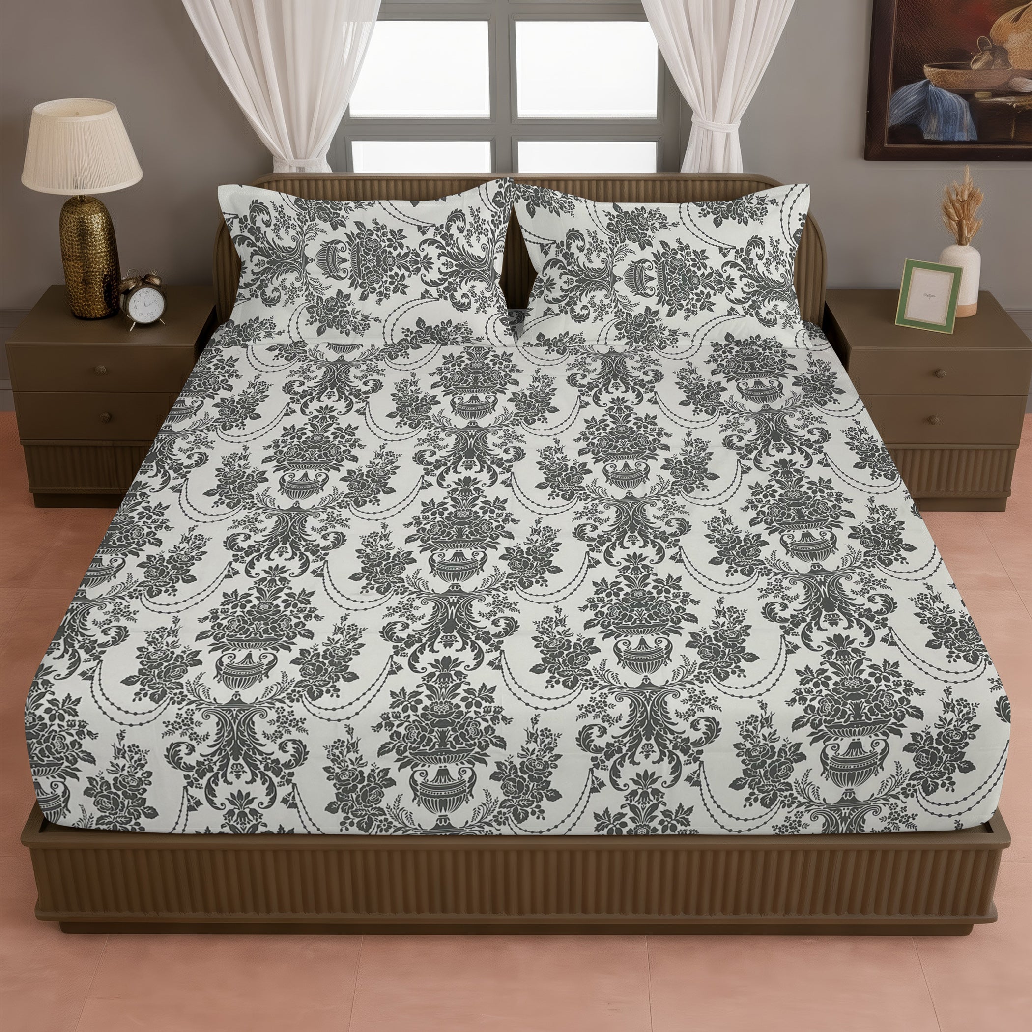 Elegant Majesty - Grey 120TC 100% Cotton Floral Double Queen (90x100 Inches)