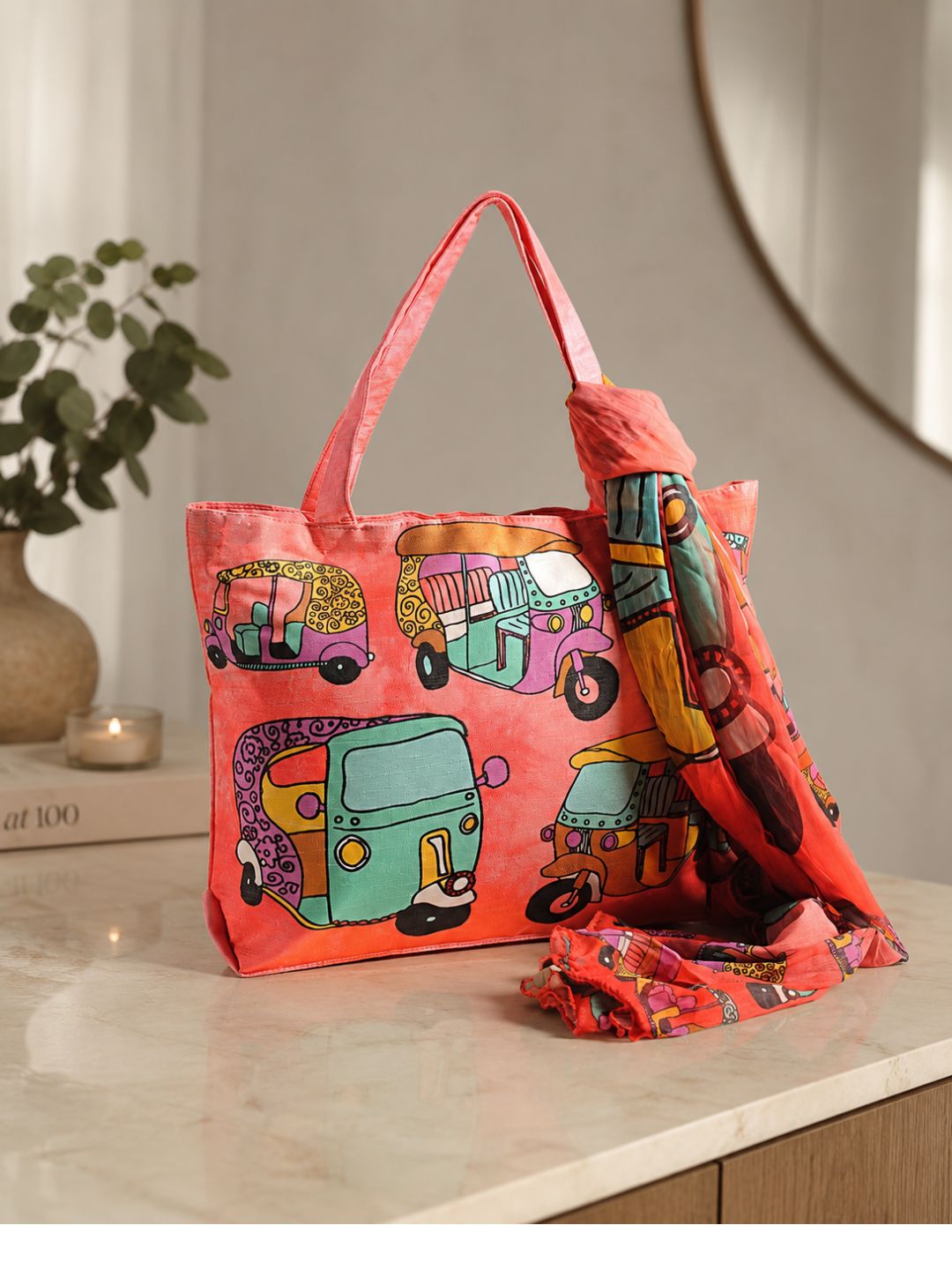 Desi Ride Vibes - Rickshaw Pop Art Tote with Quirky Wrap