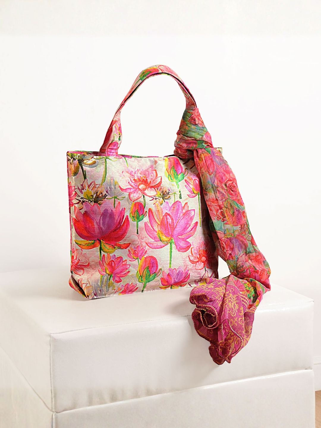 Bloom Whimsy - Pink Lotus & Rose Tote with Floral Wrap